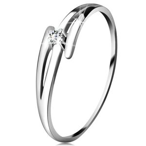 Briliantový prsteň z bieleho 14K zlata - rozdelené zvlnené ramená, číry diamant - Veľkosť: 55 mm